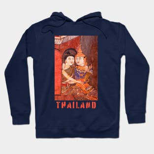 Antique Thai colorful temple mural of a young couple embracing in traditional period ceremonial clothing with the word Thailand featuring under the image. Hoodie